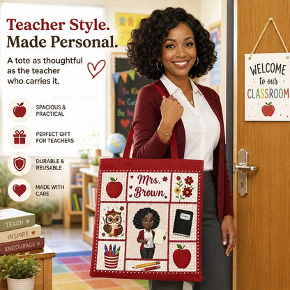 Personalized Teacher Tote Bag With Apple Classroom Art, Unique Gift For Teacher