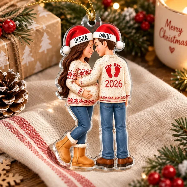 Personalized Acrylic Ornament, Embracing Expecting Couple by a Christmas Tree, Unique Gift for New Parents