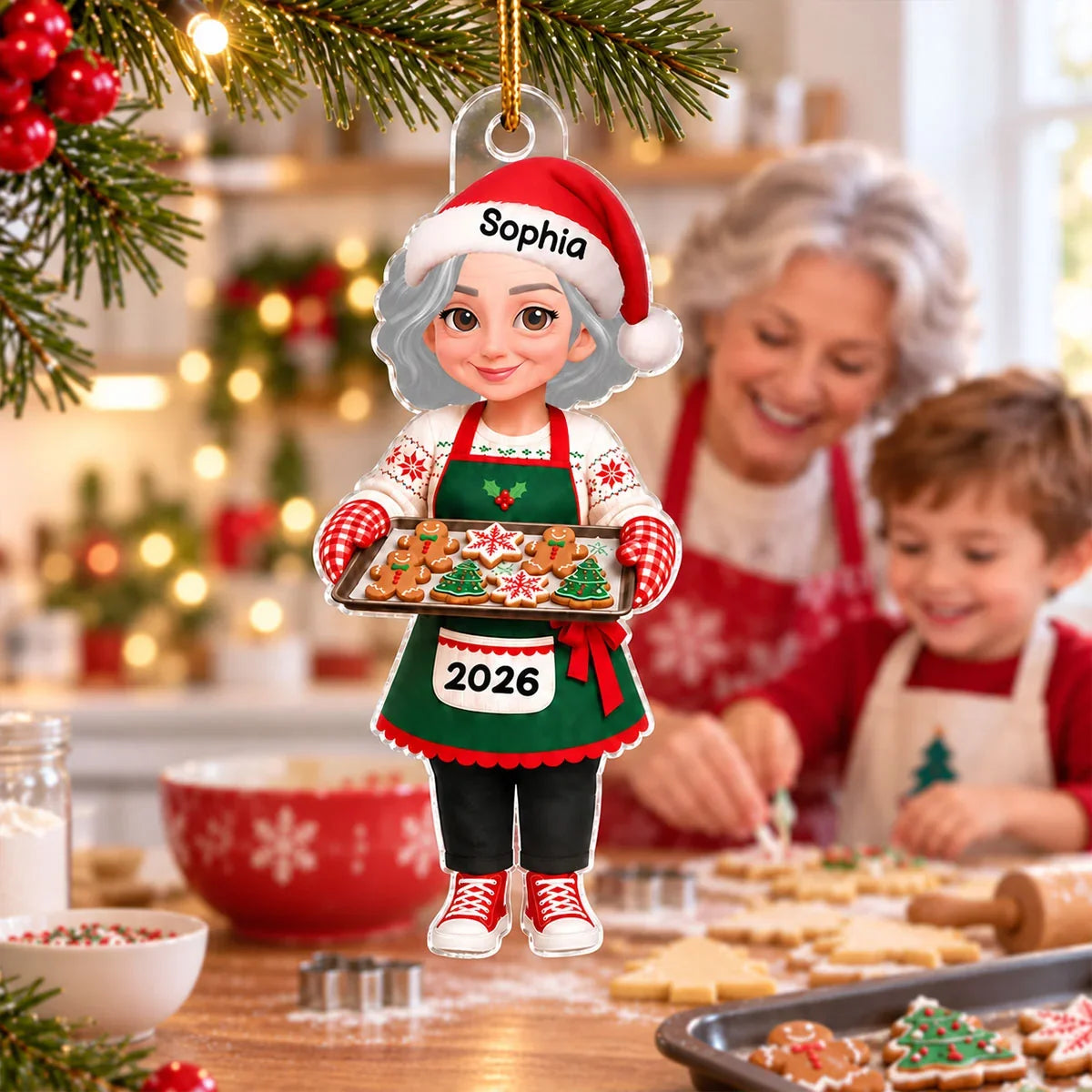 Personalized Acrylic Ornament, Festive Baking Grandma Holding Cookies, Unique Christmas Gift for Grandma