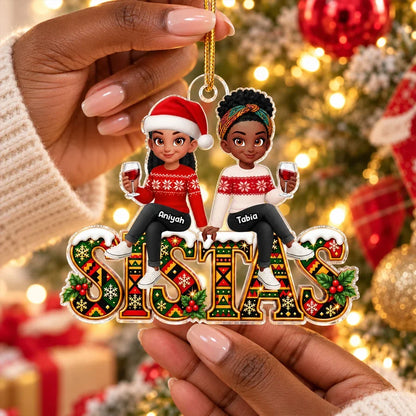 Personalized Acrylic Ornament, Sistas Holding Hands in Festive Sweaters, Unique Christmas Gift for Sisters