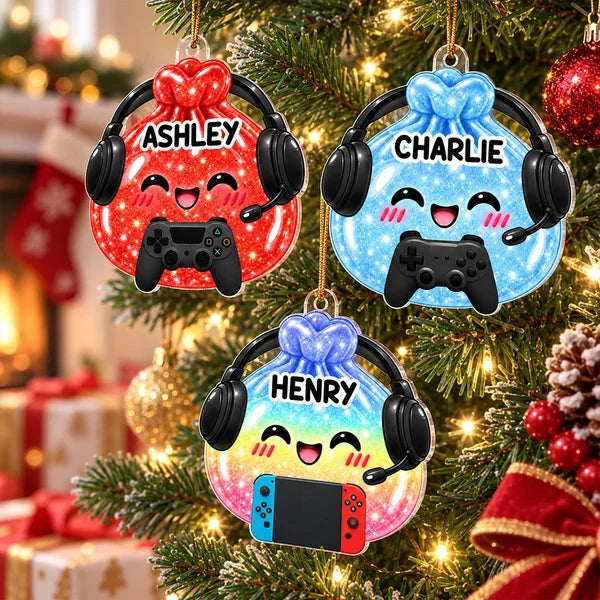 Personalized Acrylic Ornament, Cute Gamer Gift Bag with Headset on Christmas Tree, Unique Gift for Kids and Gamers