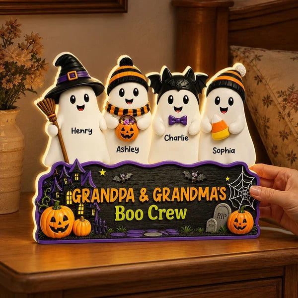 Personalized Acrylic Light Box, Smiling Ghost Boo Crew Halloween Decor, Unique Gift for Grandparents