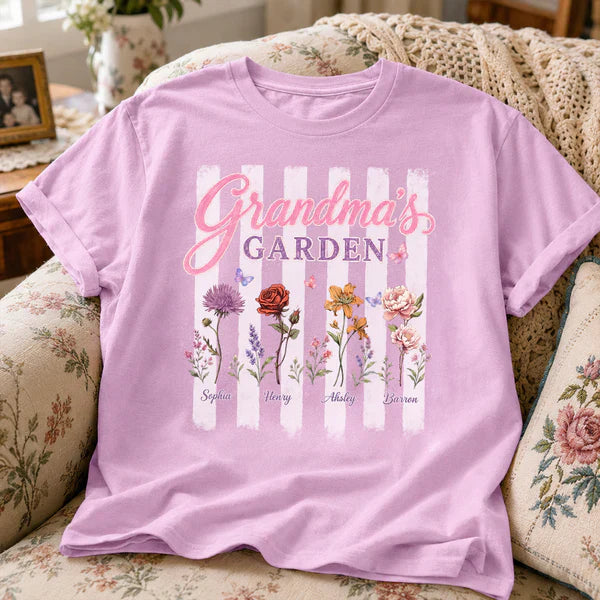Personalized Grandma's Garden Classic Tee, Floral Stripe Unique Gift for Grandma