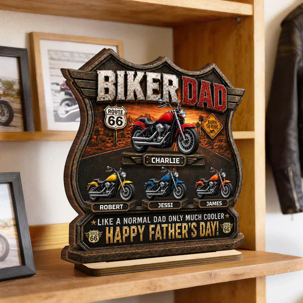 Personalized Biker Dad 2-Layer Wooden Plaque, Route 66 Motorcycle Gift For Dad, Unique Father's Day Decor