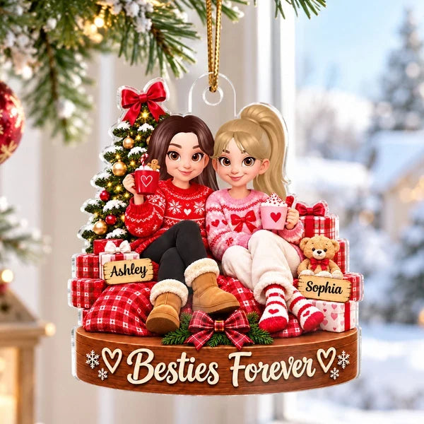 Personalized Acrylic Ornament, Friends Holding Mugs by a Christmas Tree, Unique Red Cartoon Gift for a Close Friend