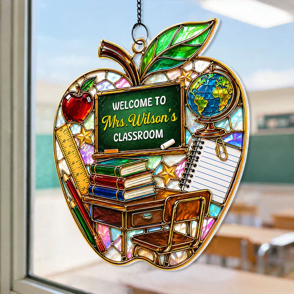 Teacher Apple Acrylic Suncatcher Ornament, Personalized Classroom Decor for Sunlit Windows, Unique Gift