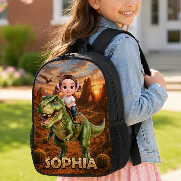 Personalized Kids School Backpack, Child Riding T-Rex Jungle Art, Unique Gift for Boys & Girls