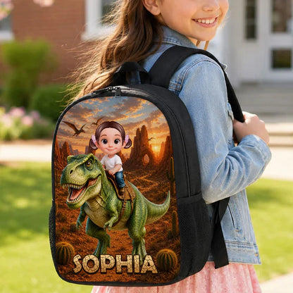 Personalized Kids School Backpack, Child Riding T-Rex Jungle Art, Unique Gift for Boys & Girls