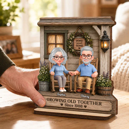 Growing Old Together 2-Layer Wooden Plaque, Rocking Chair Couple Holding Hands, Creative Anniversary Gift