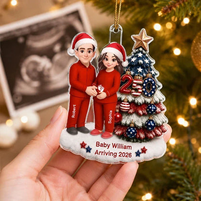 Personalized Acrylic Ornament, Expecting Couple Holding Baby Bump by Christmas Tree, Unique Gift for Parents