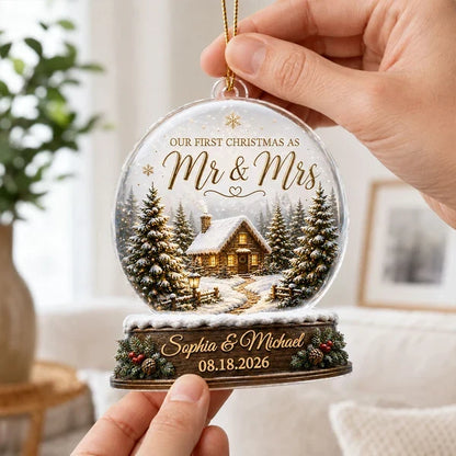 Our First Christmas as Mr & Mrs Personalized Acrylic Ornament, Creative Gift for Newlyweds with Snowy Cabin