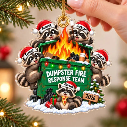 Personalized Acrylic Ornament, Funny Raccoons Around a Dumpster Fire, Snowy Christmas Decor, Unique Coworker Gift