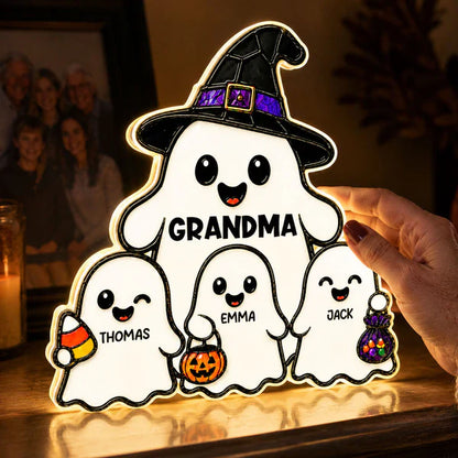 Personalized Acrylic Light Box, Cute Ghost Grandma Halloween Decor, Unique Gift With Warm Glow