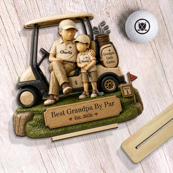 Personalized 2-Layer Wooden Plaque, Grandpa & Little Caddie Golf Cart Scene, Unique Gift for Grandpa
