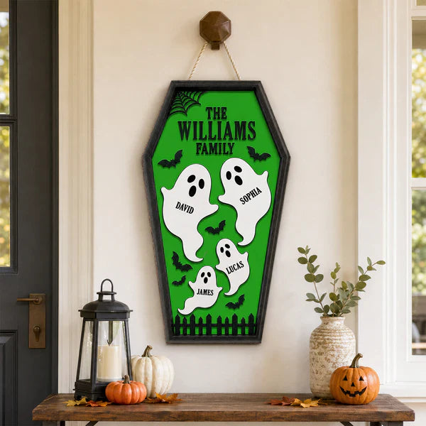 Personalized Ghost Family Wooden Sign, Purple Coffin Halloween Decor, Unique Gift for Family
