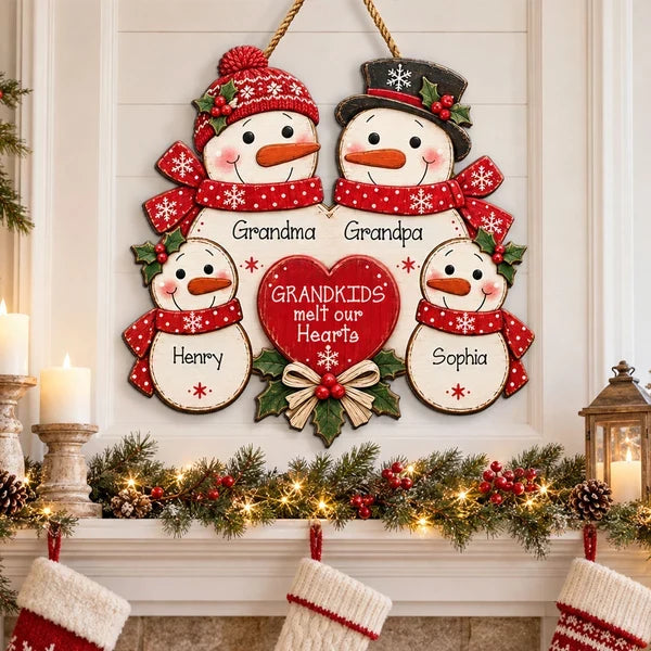 Personalized Wooden Sign, Gathered Snowman Family Christmas Door Decor, Unique Gift for Grandma & Grandpa