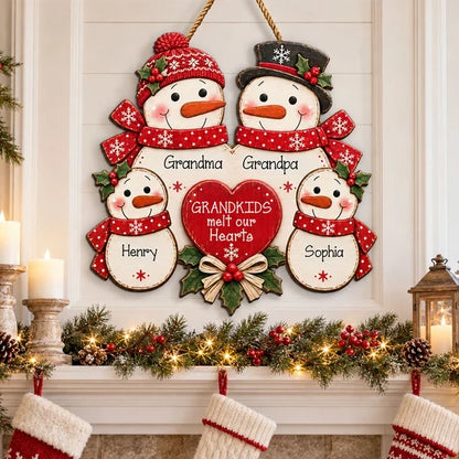 Personalized Wooden Sign, Gathered Snowman Family Christmas Door Decor, Unique Gift for Grandma & Grandpa