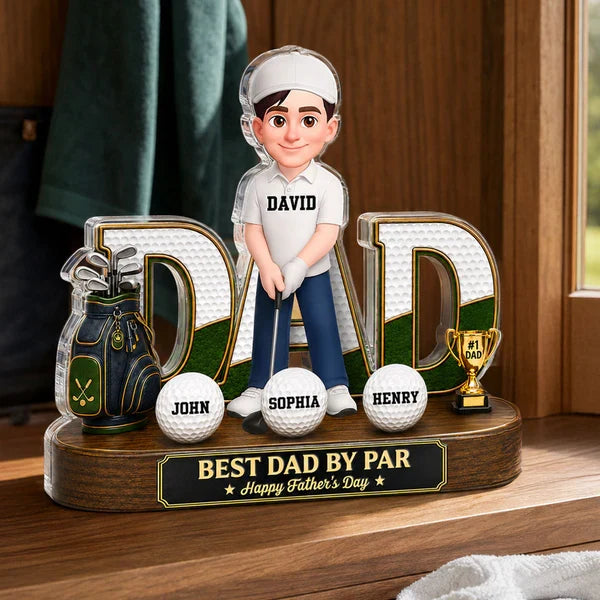 Personalized Golf Dad Plaque with Cartoon Golfer on Sunlit Course, Creative Gift for Husband & Golf Lovers