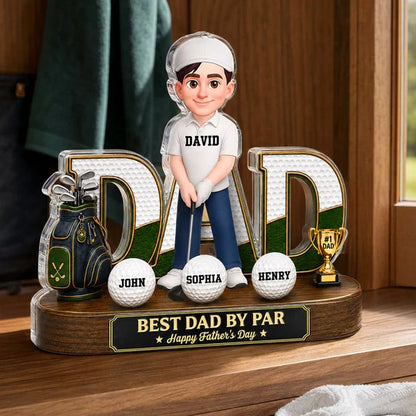 Personalized Golf Dad Plaque with Cartoon Golfer on Sunlit Course, Creative Gift for Husband & Golf Lovers