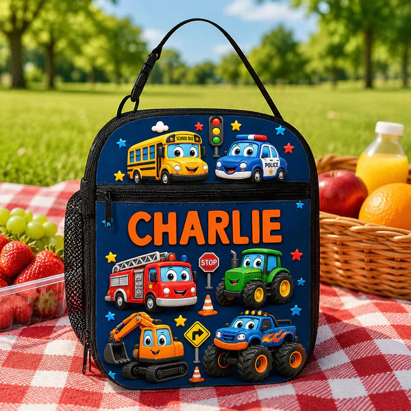 Personalized Kids Lunch Bag With Cute Unicorn & Vehicle Art, Unique Colorful School Gift for Kids