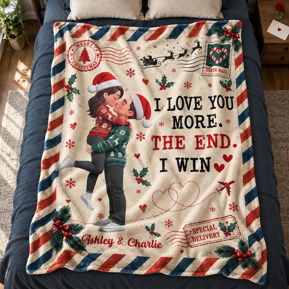 Personalized Fleece Blanket, Kissing Couple in a Vintage Christmas Scene, Unique Gift for Your Partner