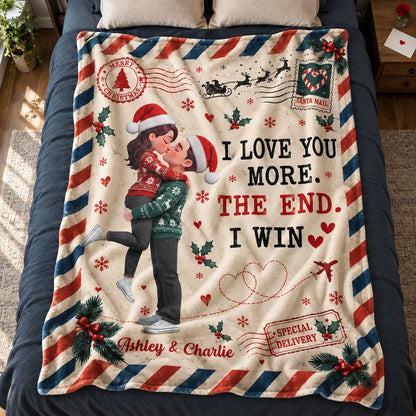 Personalized Fleece Blanket, Kissing Couple in a Vintage Christmas Scene, Unique Gift for Your Partner