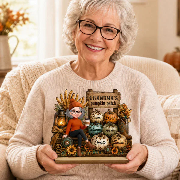 Personalized 2-Layer Wooden Plaque, Grandma Holding Coffee in Pumpkin Patch, Unique Gift for Grandma