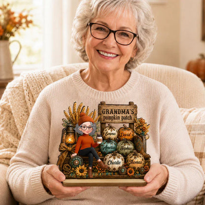 Personalized 2-Layer Wooden Plaque, Grandma Holding Coffee in Pumpkin Patch, Unique Gift for Grandma