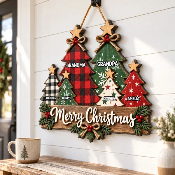 Personalized Wooden Sign, Rustic Red and Green Christmas Trees, Unique Gift for Grandma and Grandpa