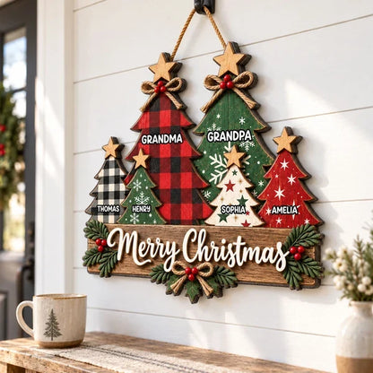 Personalized Wooden Sign, Rustic Red and Green Christmas Trees, Unique Gift for Grandma and Grandpa