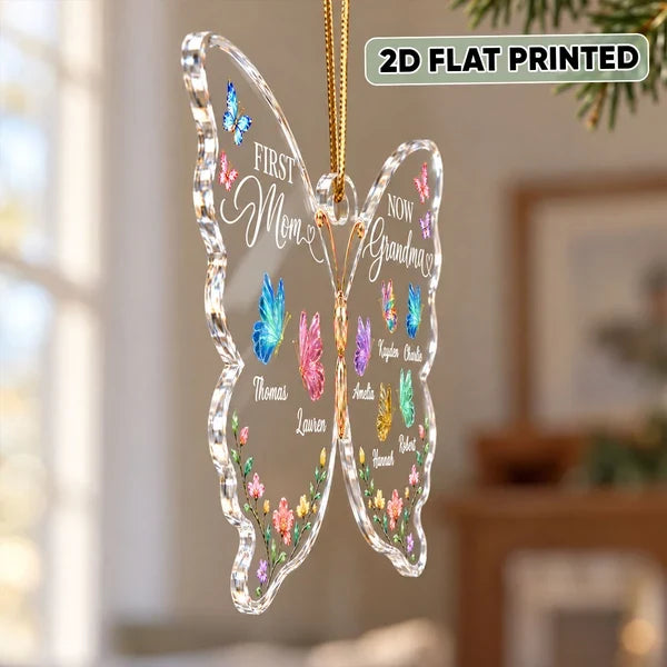 Personalized Acrylic Ornament, Colorful Butterfly Family Keepsake, Unique Christmas Gift for Grandma