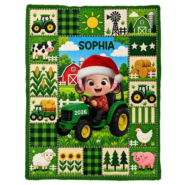 Personalized Fleece Blanket, Christmas Farm Boy Driving a Tractor, Unique Gift for Kids and Grandkids
