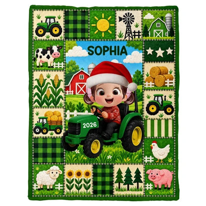 Personalized Fleece Blanket, Christmas Farm Boy Driving a Tractor, Unique Gift for Kids and Grandkids