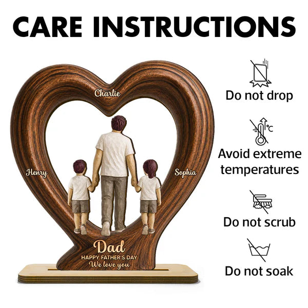 Heart Frame Wooden Plaque With Dad & Kids Holding Hands, Custom We Love You Creative Gift