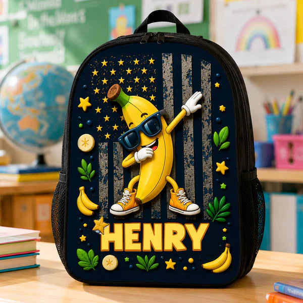 Personalized Kids School Backpack, Strawberry & Banana Cartoon Design, Unique Creative Gift for Kids