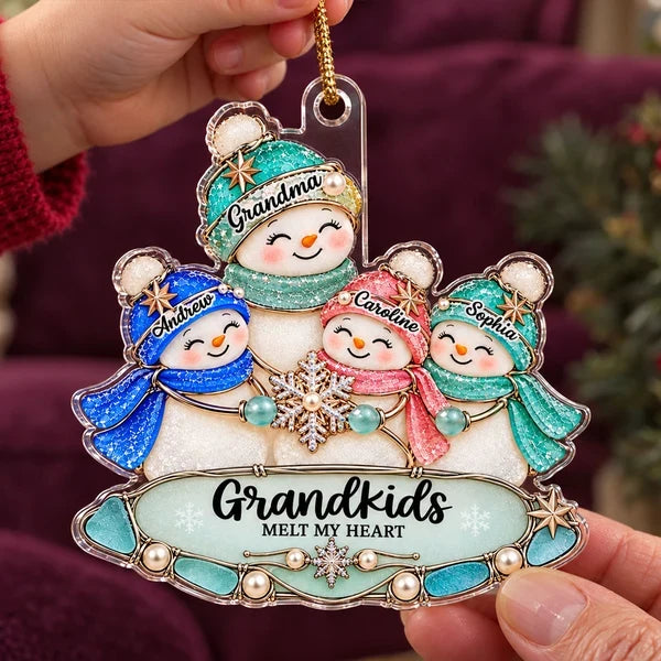 Personalized Acrylic Ornament, Grandma and Grandkids Snowmen Holding a Snowflake, Unique Gift for Grandma