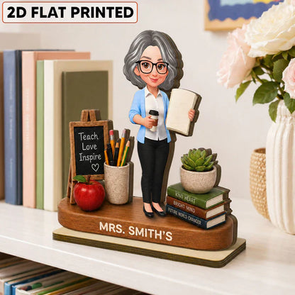 Personalized 2-Layer Wooden Plaque, Standing Teacher with Coffee & Book, Unique Creative Gift