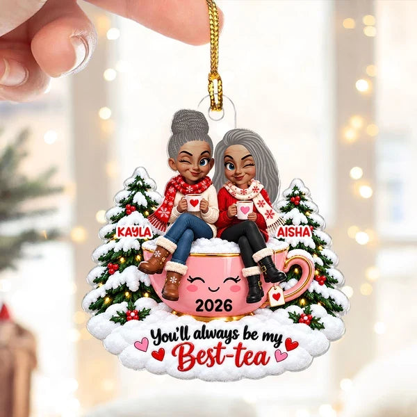Personalized Acrylic Ornament, Friends Sharing Tea, Heartwarming Christmas Keepsake and Creative Gift for a Close Friend