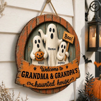 Grandma & Grandpa's Haunted House Wooden Sign, Personalized Ghosts With Pumpkin, Creative Halloween Gift