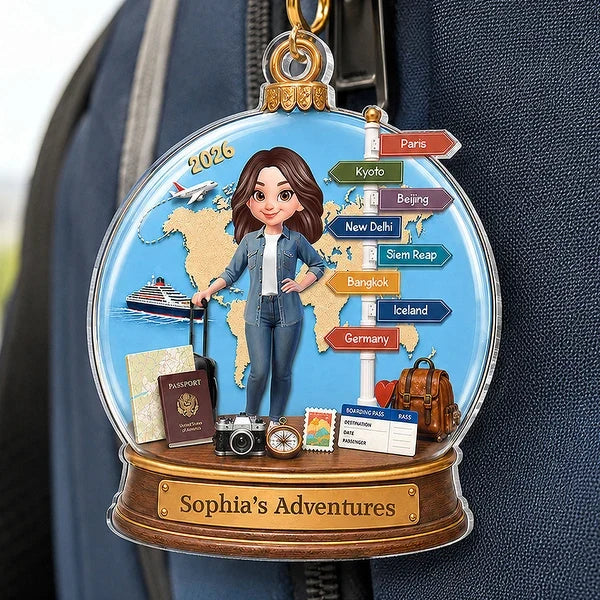 Personalized Acrylic Ornament, Blue Illustrated Woman Traveler with Luggage and World Map, Unique Gift for Travel Lovers