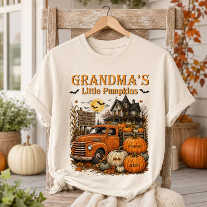 Personalized Classic Tee, Grandma's Little Pumpkins Vintage Truck, Unique Halloween Gift For Grandma