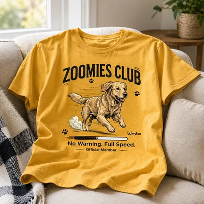 Personalized Classic Tee with Running Dog Illustration, Vintage Zoomies Club Design, Unique Gift for Dog Lovers