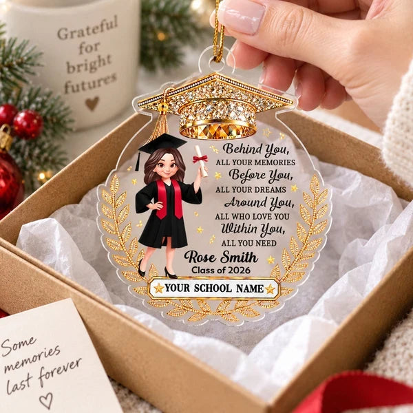 Personalized Acrylic Ornament, Graduate Holding Diploma, Gold Laurel, Unique Graduation Gift for Her, Him