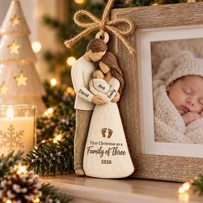 Personalized Wooden Ornament, Parents Cradling Baby, Unique Christmas Tree Gift for New Parents