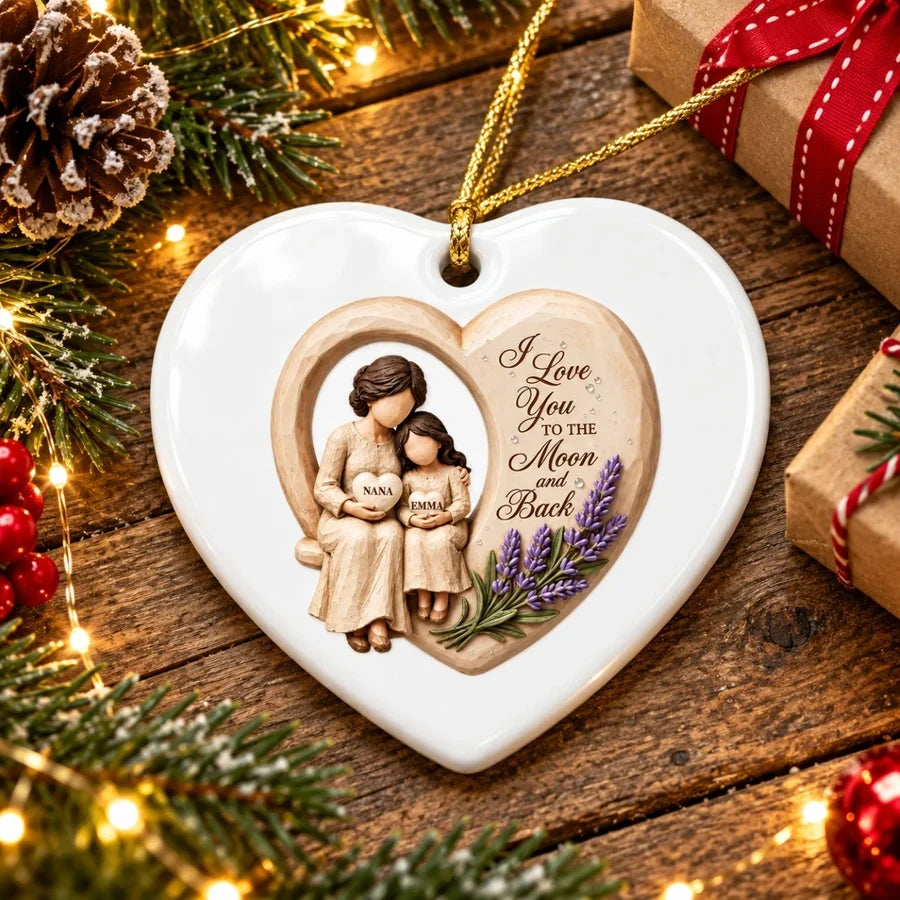 Personalized Ceramic Heart Ornament, Seated Grandma and Granddaughter Christmas Scene, Unique Family Gift