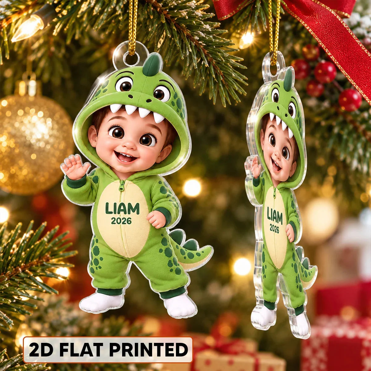 Personalized Acrylic Ornament, Cute Waving Dinosaur Costume Child, Creative Keepsake Gift for Family