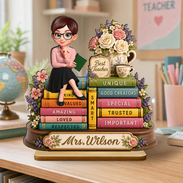 Personalized 2-Layer Wooden Plaque, Floral Teacher Books Desk Decor, Unique Gift for Teacher