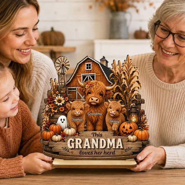 Personalized 2-Layer Wooden Plaque with Highland Cow Herd, Rustic Fall Decor, Unique Gift for Grandma