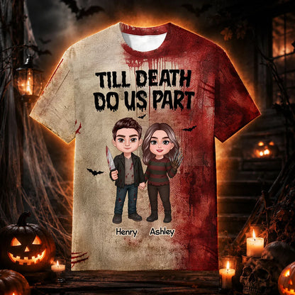 Till Death Do Us Part Personalized Printed Classic Tee, Red Horror Couple Art, Creative Gift for Couples