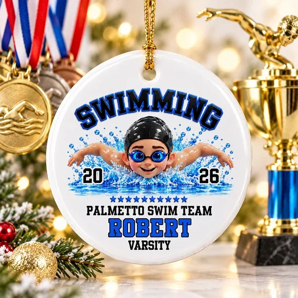 Personalized Swimming Ceramic Ornament, Colorful Swimmer in Action, Unique Christmas Gift for Son or Daughter